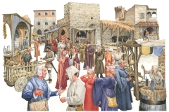 11 Mercato medioevale, acquerello su carta, Loescher editore